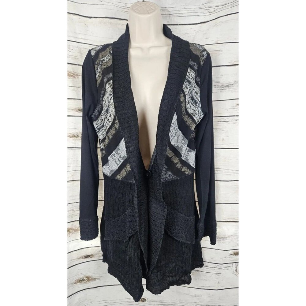 Dolcezza Sweater Cardigan Black M Single Button Womens Acrylic Crochet Lace